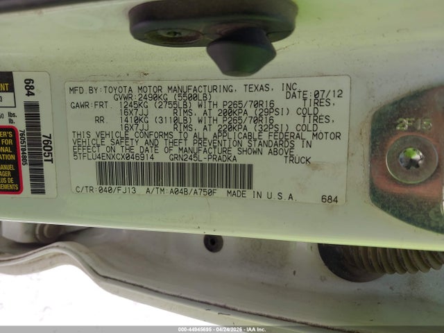 2012 Toyota Tacoma Base V6 მანქანა იყიდება აუქციონზე, vin: 5TFLU4ENXCX046914, აუქციონის ნომერი: 44945695