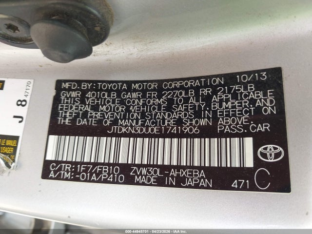 2014 Toyota Prius Two მანქანა იყიდება აუქციონზე, vin: JTDKN3DU0E1741906, აუქციონის ნომერი: 44945701