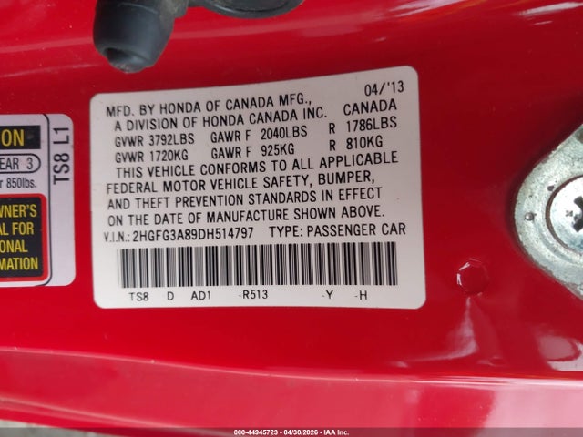 44945723 :رقم المزاد ، 2HGFG3A89DH514797 vin ، 2013 Honda Civic Ex مزاد بيع