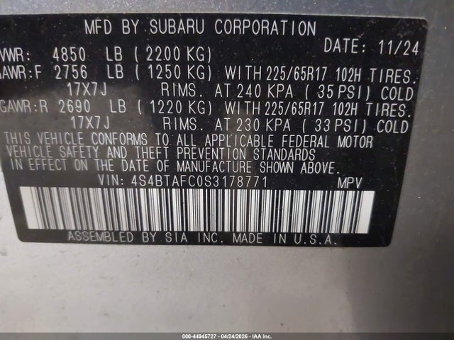 Продажа на аукционе авто 2025 Subaru Outback Premium, vin: 4S4BTAFC0S3178771, номер лота: 44945727