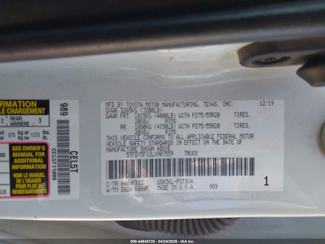 Продажа на аукционе авто 2020 Toyota Tundra Sr5, vin: 5TFDY5F12LX907559, номер лота: 44945728