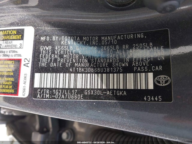 44945732 :رقم المزاد ، 4T1BK3DB6BU381375 vin ، 2011 Toyota Avalon مزاد بيع