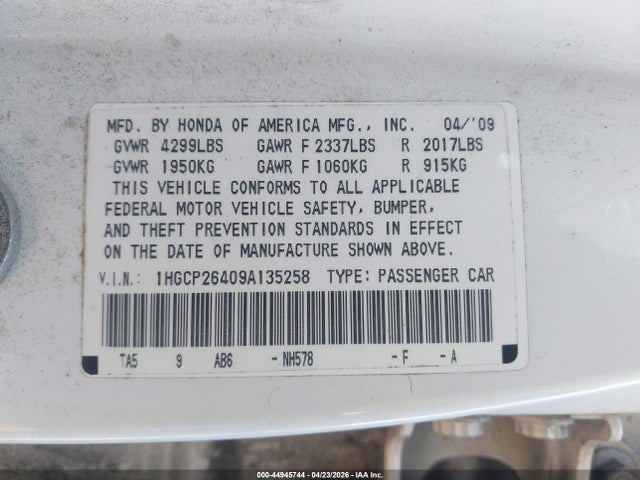 44945744 :رقم المزاد ، 1HGCP26409A135258 vin ، 2009 Honda Accord 2.4 Lx-p مزاد بيع