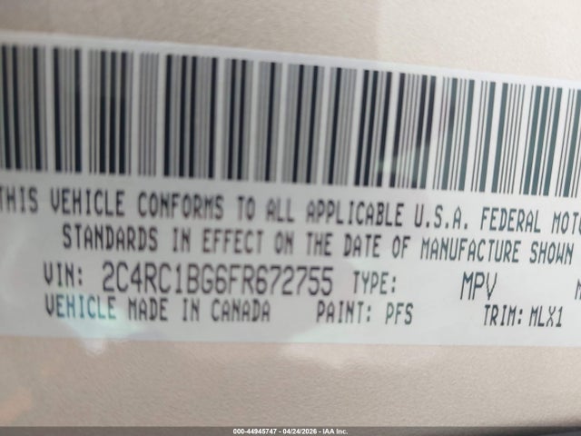 Продаж на аукціоні авто 2015 Chrysler Town & Country Touring, vin: 2C4RC1BG6FR672755, номер лоту: 44945747