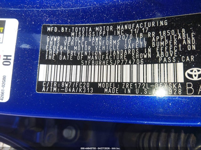 Aukcja sprzedaży 2018 Toyota Corolla Se, vin: 5YFBURHE5JP774706, numer aukcji: 44945755