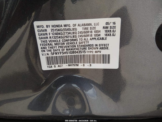 5FNYF5H51GB043515 Honda Pilot Ex-l