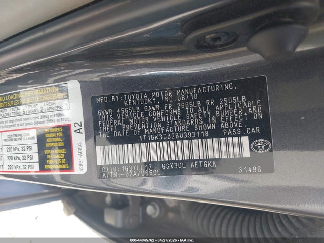 44945762 :رقم المزاد ، 4T1BK3DB2BU393118 vin ، 2011 Toyota Avalon مزاد بيع
