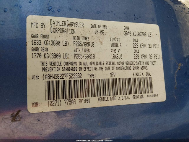 44945766 :رقم المزاد ، 1A8HW58227F523332 vin ، 2007 Chrysler Aspen Limited مزاد بيع