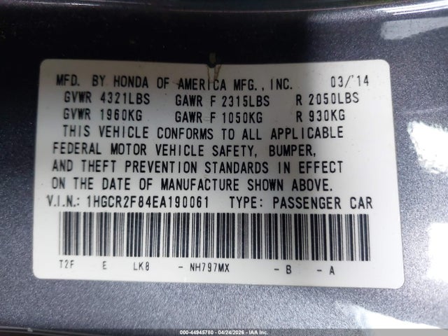Продаж на аукціоні авто 2014 Honda Accord Ex-l, vin: 1HGCR2F84EA190061, номер лоту: 44945780