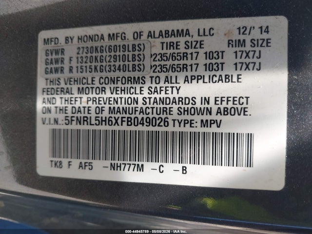 Aukcja sprzedaży 2015 Honda Odyssey Ex-l, vin: 5FNRL5H6XFB049026, numer aukcji: 44945789