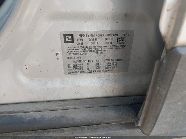 2018 Chevrolet Trax Ls მანქანა იყიდება აუქციონზე, vin: KL7CJKSB9JB731484, აუქციონის ნომერი: 44945797