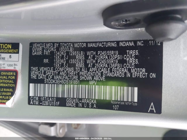 Продаж на аукціоні авто 2013 Toyota Highlander Limited V6, vin: 5TDDK3EH5DS191851, номер лоту: 44945804