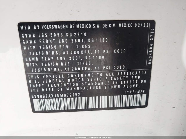 2022 Volkswagen Tiguan 2.0t Se R-line Black მანქანა იყიდება აუქციონზე, vin: 3VV8B7AX1NM072252, აუქციონის ნომერი: 44945827