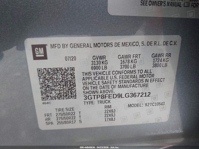 Aukcja sprzedaży 2020 Gmc Sierra 1500 2wd  Short Box Denali, vin: 3GTP8FED9LG367212, numer aukcji: 44945836