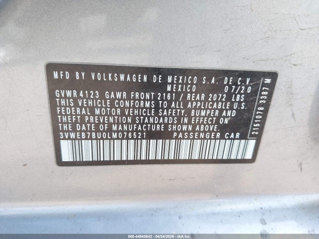 Aukcja sprzedaży 2020 Volkswagen Jetta 1.4t Sel, vin: 3VWEB7BU0LM076521, numer aukcji: 44945842