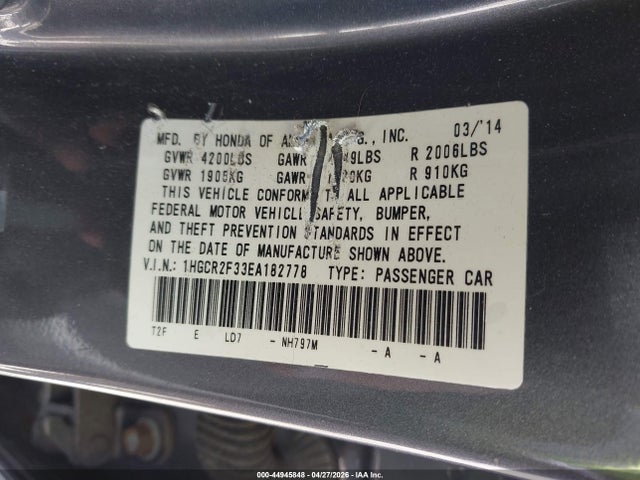 Honda ACCORD LX 2014 1HGCR2F33EA182778 Image 9