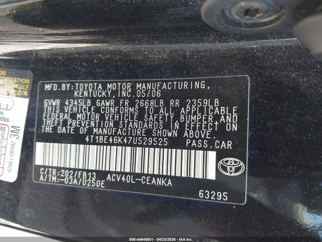 Продажа на аукционе авто 2007 Toyota Camry Ce, vin: 4T1BE46K47U529525, номер лота: 44945851