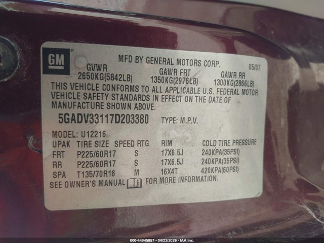 Продаж на аукціоні авто 2007 Buick Terraza Cxl, vin: 5GADV33117D203380, номер лоту: 44945857