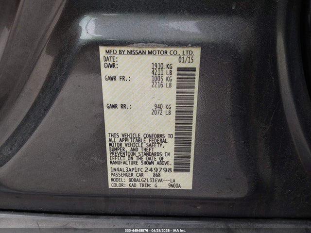 44945876 :رقم المزاد ، 1N4AL3AP1FC249798 vin ، 2015 Nissan Altima 2.5 S مزاد بيع