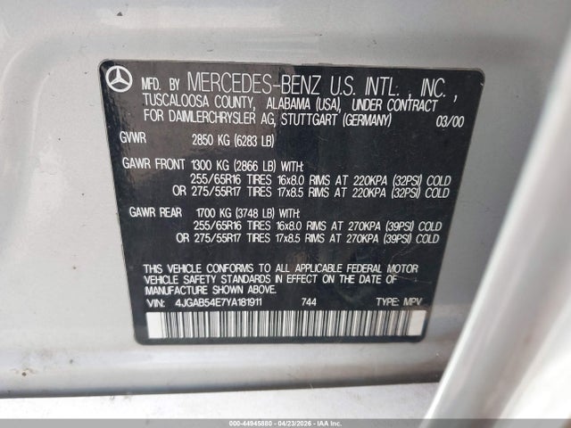2000 Mercedes-benz Ml 320 მანქანა იყიდება აუქციონზე, vin: 4JGAB54E7YA181911, აუქციონის ნომერი: 44945880