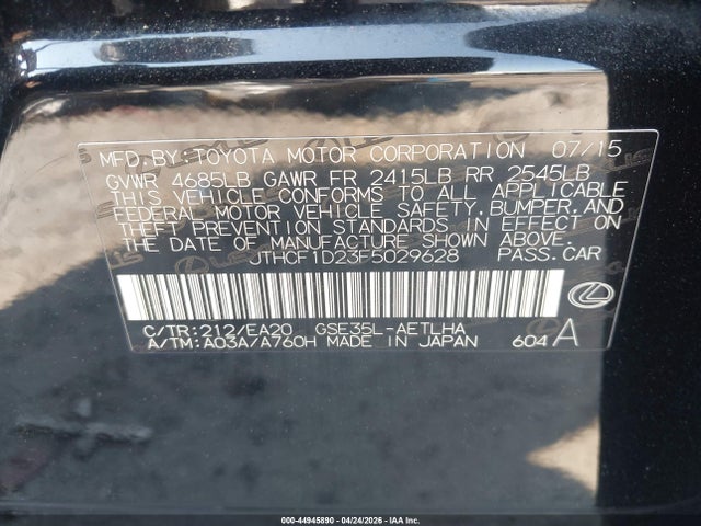 Aukcja sprzedaży 2015 Lexus Is 250, vin: JTHCF1D23F5029628, numer aukcji: 44945890