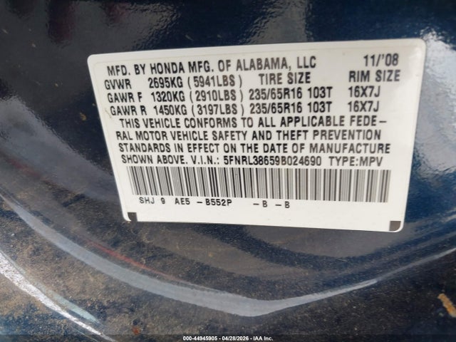 Aukcja sprzedaży 2009 Honda Odyssey Ex-l, vin: 5FNRL38659B024690, numer aukcji: 44945905