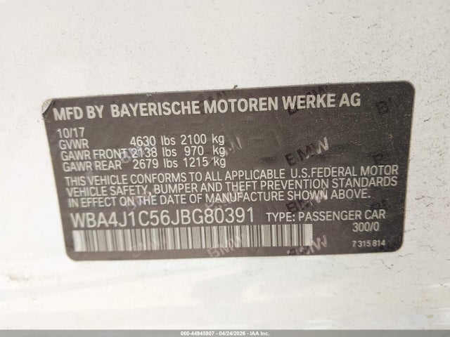 Продажа на аукционе авто 2018 Bmw 430i Gran Coupe, vin: WBA4J1C56JBG80391, номер лота: 44945907