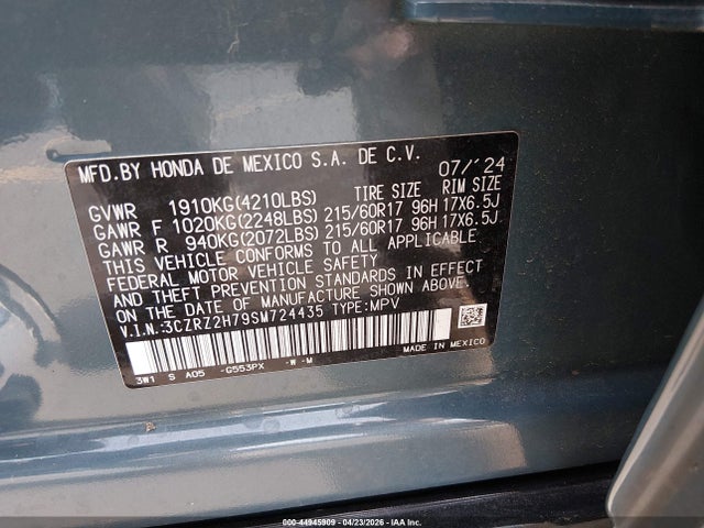 Aukcja sprzedaży 2025 Honda Hr-v Awd Ex-l, vin: 3CZRZ2H79SM724435, numer aukcji: 44945909