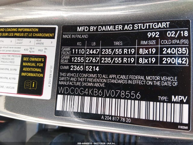 44945910 :رقم المزاد ، WDC0G4KB6JV078556 vin ، 2018 Mercedes-benz Glc 300 4matic مزاد بيع