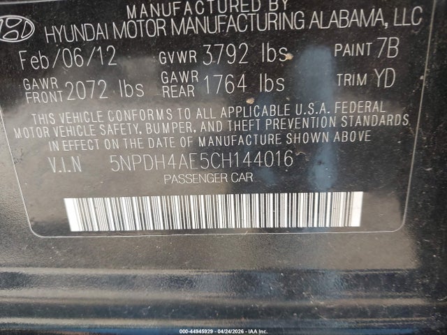 Aukcja sprzedaży 2012 Hyundai Elantra Gls, vin: 5NPDH4AE5CH144016, numer aukcji: 44945929