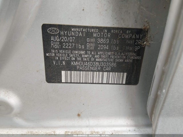 44945932 :رقم المزاد ، KMHDU46D38U303586 vin ، 2008 Hyundai Elantra Gls/se مزاد بيع