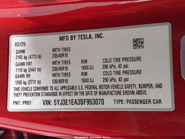 Aukcja sprzedaży 2025 Tesla Model 3 Long Range Rear-wheel Drive/standard Rear-wheel Drive, vin: 5YJ3E1EA3SF953070, numer aukcji: 44945935