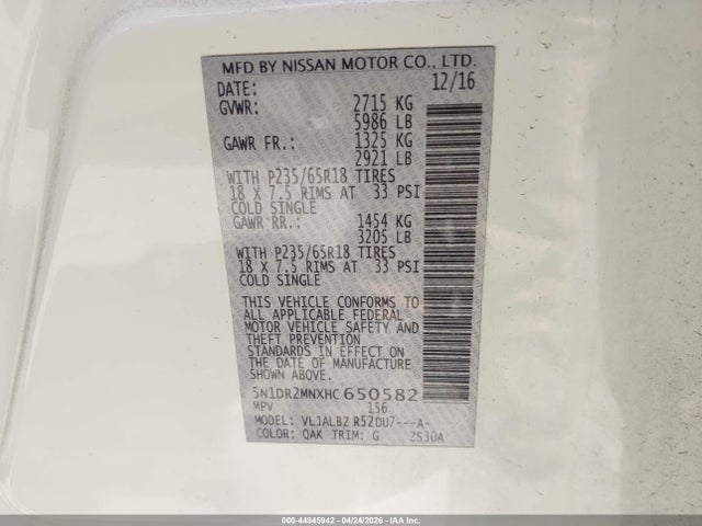 5N1DR2MNXHC650582 Nissan Pathfinder S