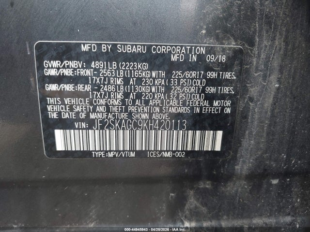 Aukcja sprzedaży 2019 Subaru Forester Premium, vin: JF2SKAGC9KH420113, numer aukcji: 44945943