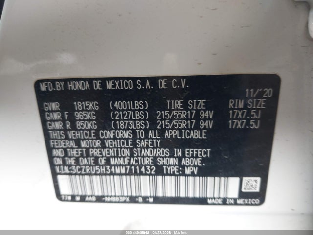 Auction sale of the 2021 Honda Hr-v 2wd Lx, vin: 3CZRU5H34MM711432, lot number: 44945948