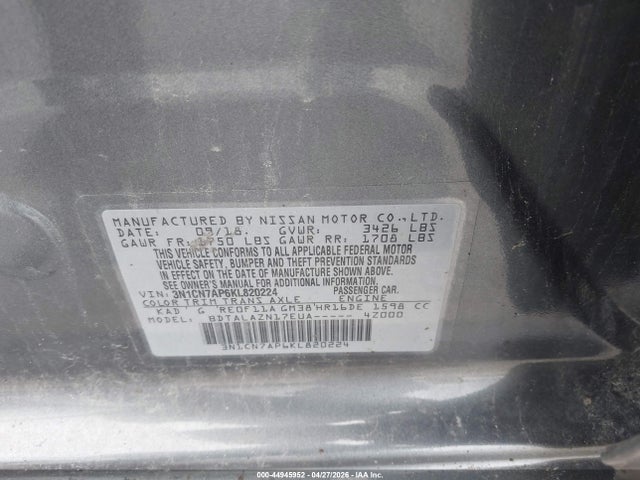 Продажа на аукционе авто 2019 Nissan Versa 1.6 S+, vin: 3N1CN7AP6KL820224, номер лота: 44945952