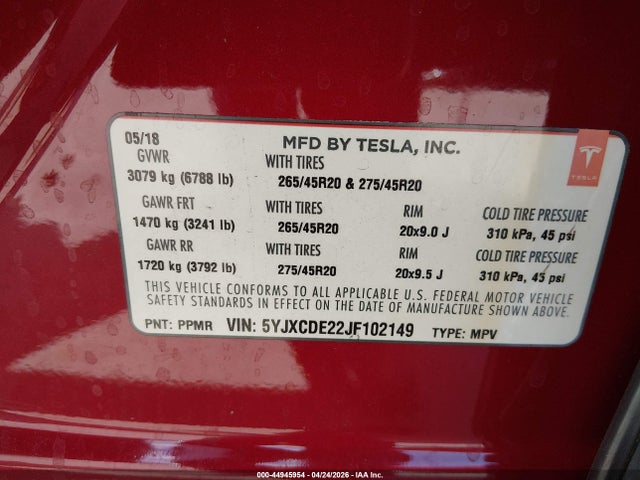 44945954 :رقم المزاد ، 5YJXCDE22JF102149 vin ، 2018 Tesla Model X 100d/75d/p100d مزاد بيع