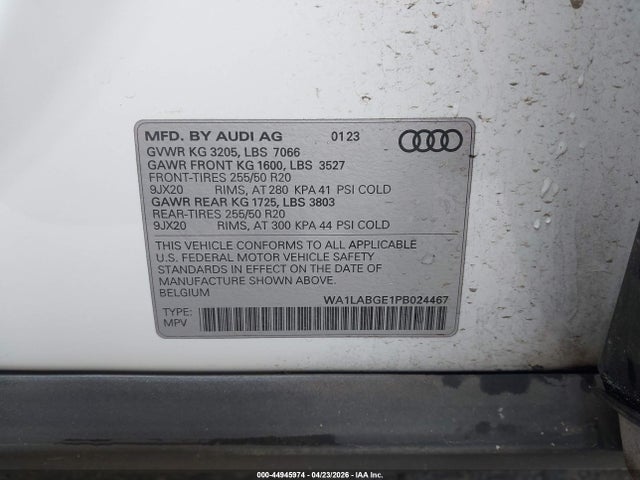 2023 Audi E-tron Premium Plus Quattro მანქანა იყიდება აუქციონზე, vin: WA1LABGE1PB024467, აუქციონის ნომერი: 44945974