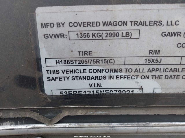 44945978 :رقم المزاد ، 53FBE1215NF079921 vin ، 2022 Ford Covered مزاد بيع
