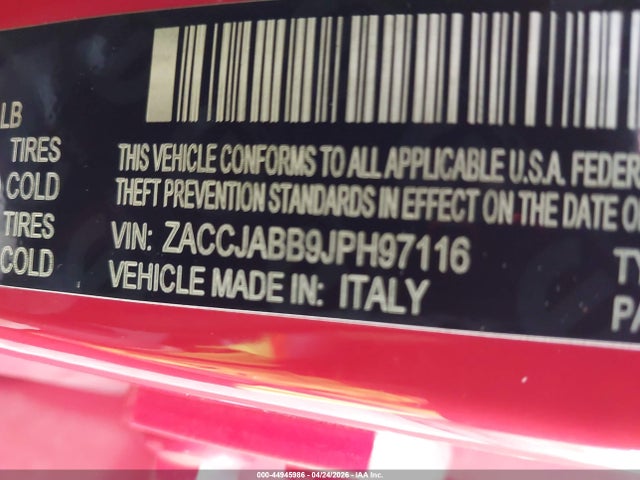 2018 Jeep Renegade Altitude Fwd მანქანა იყიდება აუქციონზე, vin: ZACCJABB9JPH97116, აუქციონის ნომერი: 44945986