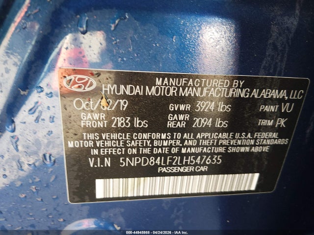 2020 Hyundai Elantra Sel მანქანა იყიდება აუქციონზე, vin: 5NPD84LF2LH547635, აუქციონის ნომერი: 44945988