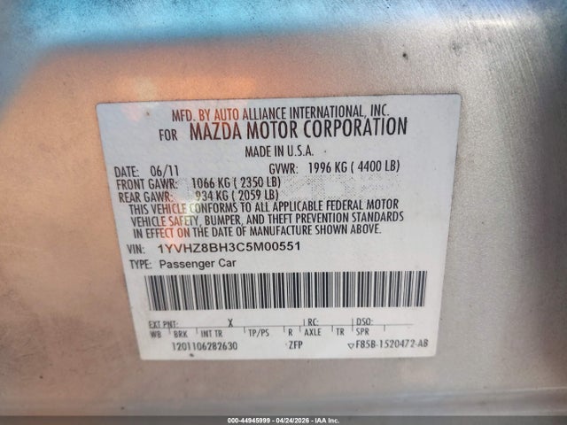 44945999 :رقم المزاد ، 1YVHZ8BH3C5M00551 vin ، 2012 Mazda Mazda6 I Sport مزاد بيع