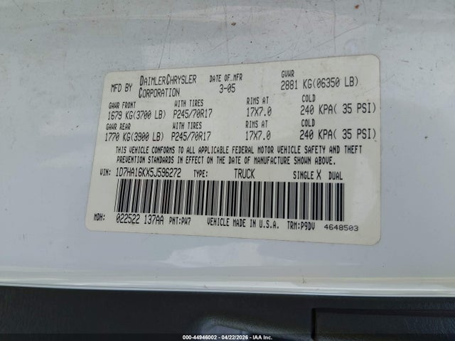 44946002 :رقم المزاد ، 1D7HA16KX5J596272 vin ، 2005 Dodge Ram 1500 St مزاد بيع