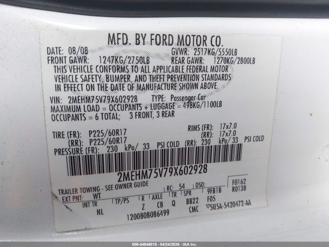 2009 Mercury Grand Marquis Ls (fleet Only) მანქანა იყიდება აუქციონზე, vin: 2MEHM75V79X602928, აუქციონის ნომერი: 44946018