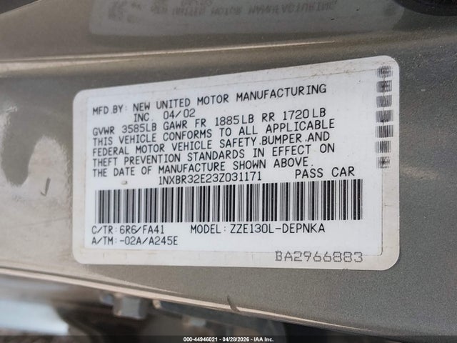 Продажа на аукционе авто 2003 Toyota Corolla Le, vin: 1NXBR32E23Z031171, номер лота: 44946021