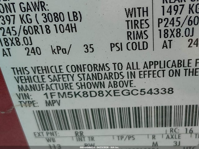 44946024 :رقم المزاد ، 1FM5K8D8XEGC54338 vin ، 2014 Ford Explorer Xlt مزاد بيع
