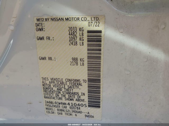 44946027 :رقم المزاد ، 1N4BL4CW4NN410405 vin ، 2022 Nissan Altima Sr Intelligent Awd مزاد بيع