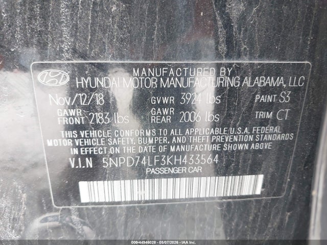 44946028 :رقم المزاد ، 5NPD74LF3KH433564 vin ، 2019 Hyundai Elantra Se مزاد بيع