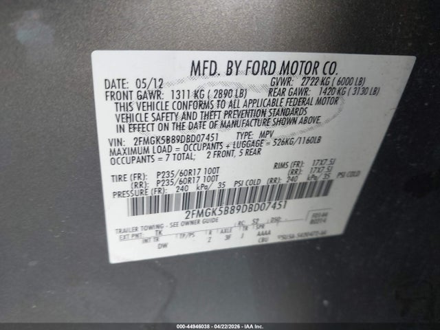 Aukcja sprzedaży 2013 Ford Flex Se, vin: 2FMGK5B89DBD07451, numer aukcji: 44946038