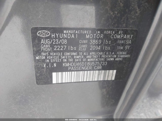 Aukcja sprzedaży 2008 Hyundai Elantra Gls/se, vin: KMHDU46D18U575733, numer aukcji: 44946044
